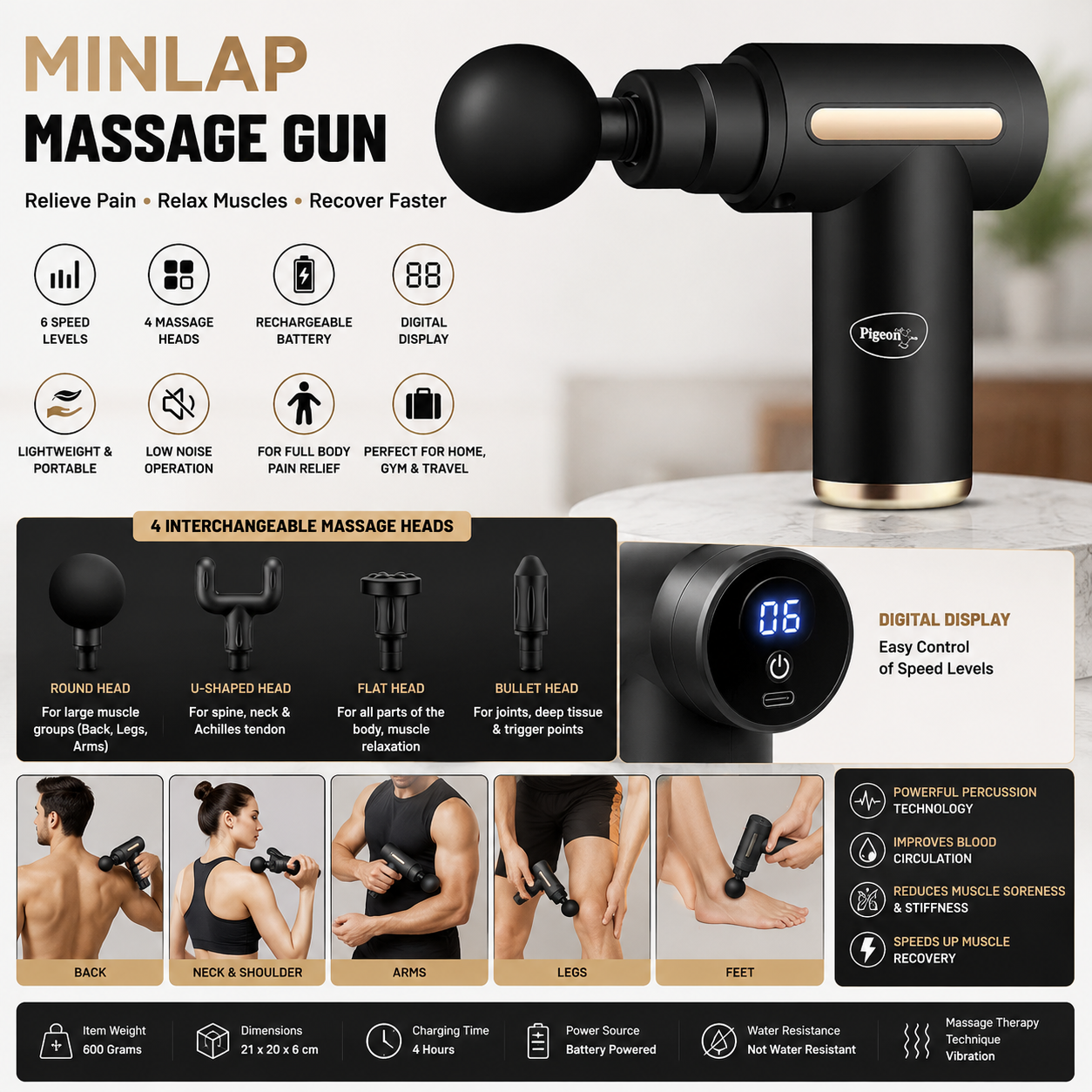 Massager Gun With Digital Display, 4 Heads, 6 Speed, Rechargeable Handheld Percussion Muscle Massager - Image 2
